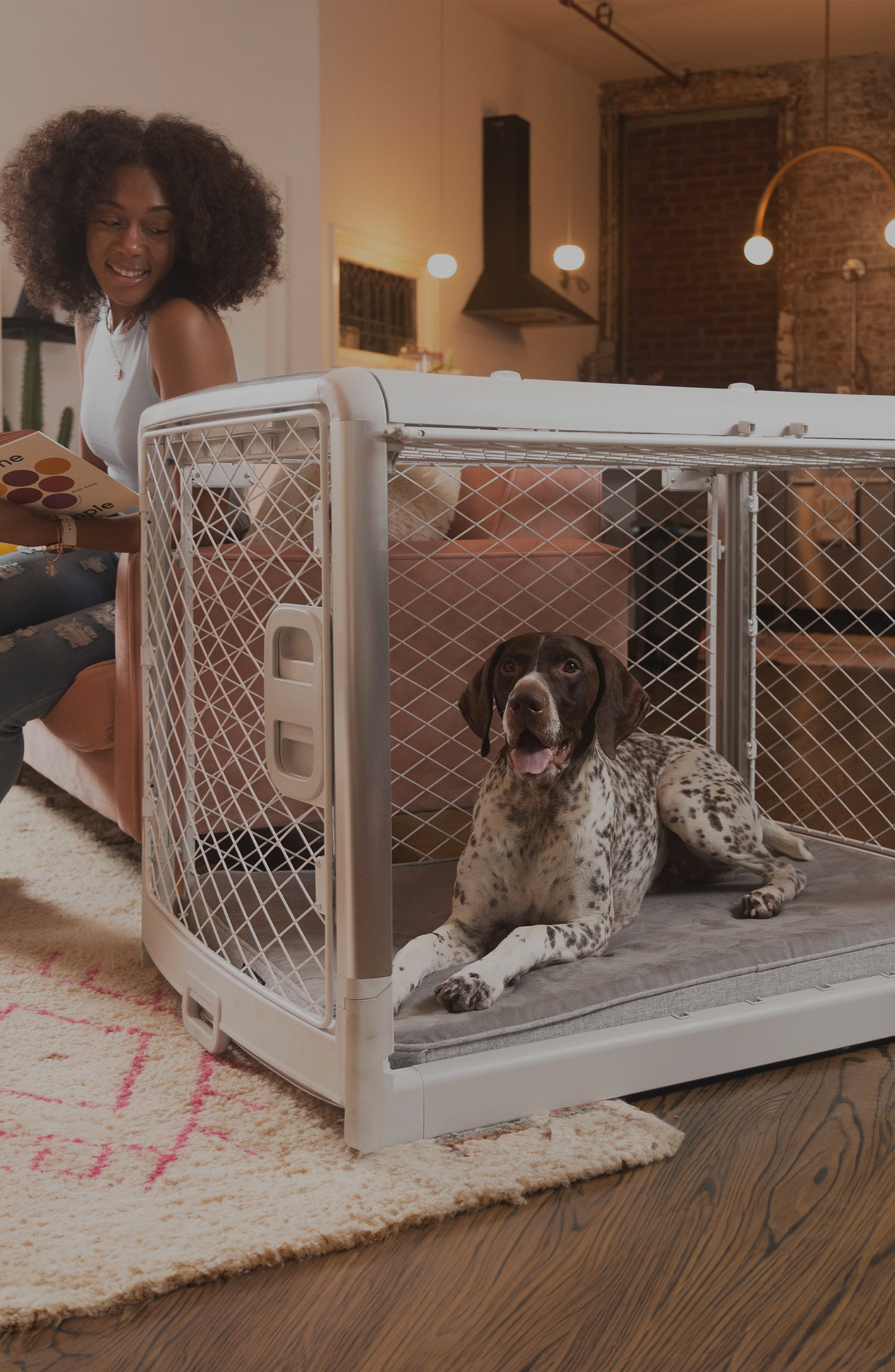 Dog in a large Ash Revol Dog Crate next to a woman on a couch in a modern livingroom