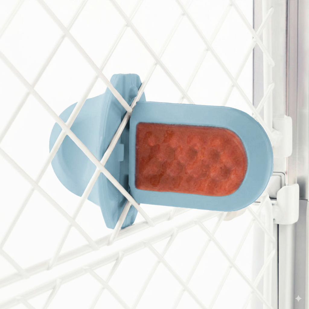 A royal blue Groov Training Aid attached to a white dog crate