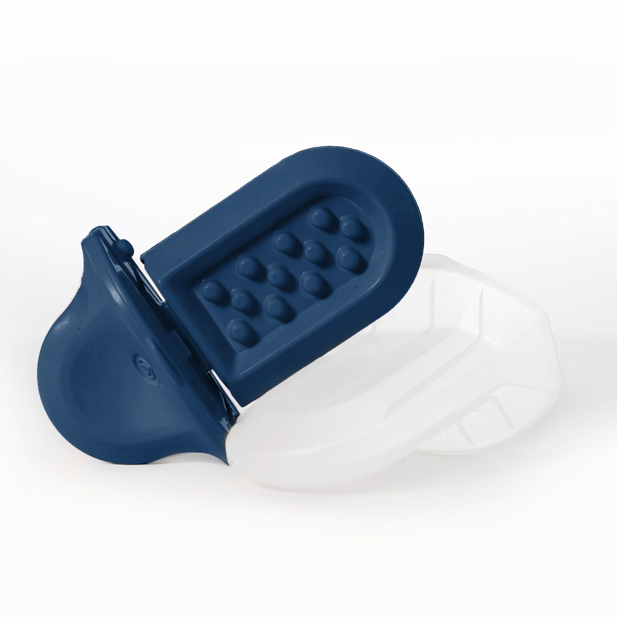 a royal blue Groov next to its freezer shell on a white background